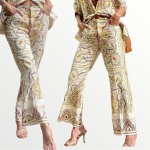 Zara Printed Linen Blend Wide Leg Pants - Boho Paisley Mandala - Sz Large